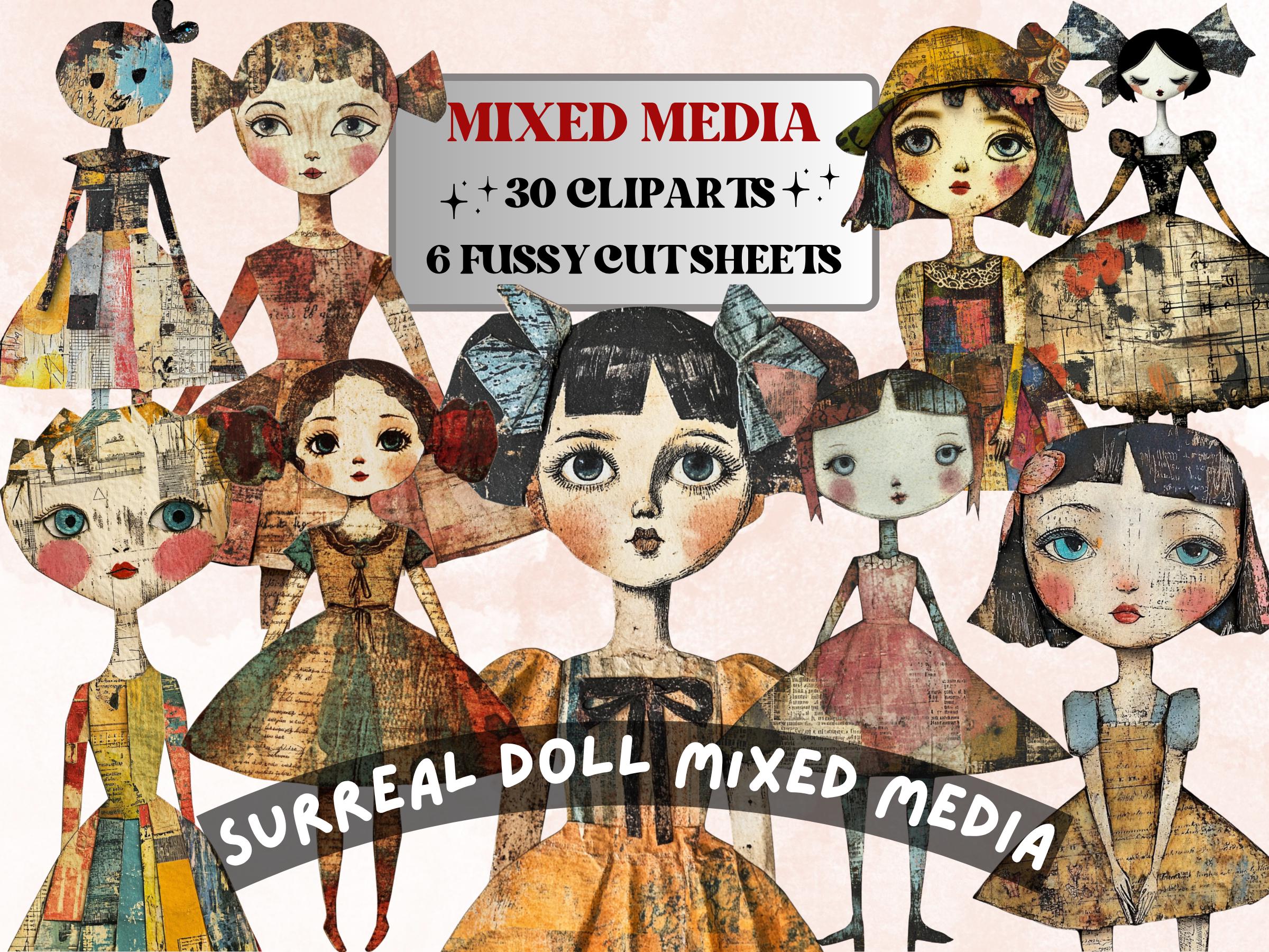 Whimsical Surreal Doll Mixed Media Clipart, Fantasy Girl Fussy Cut Collage Sheet, Quirky Cut Out Ephemera, Grunge Texture for Scrapbooking