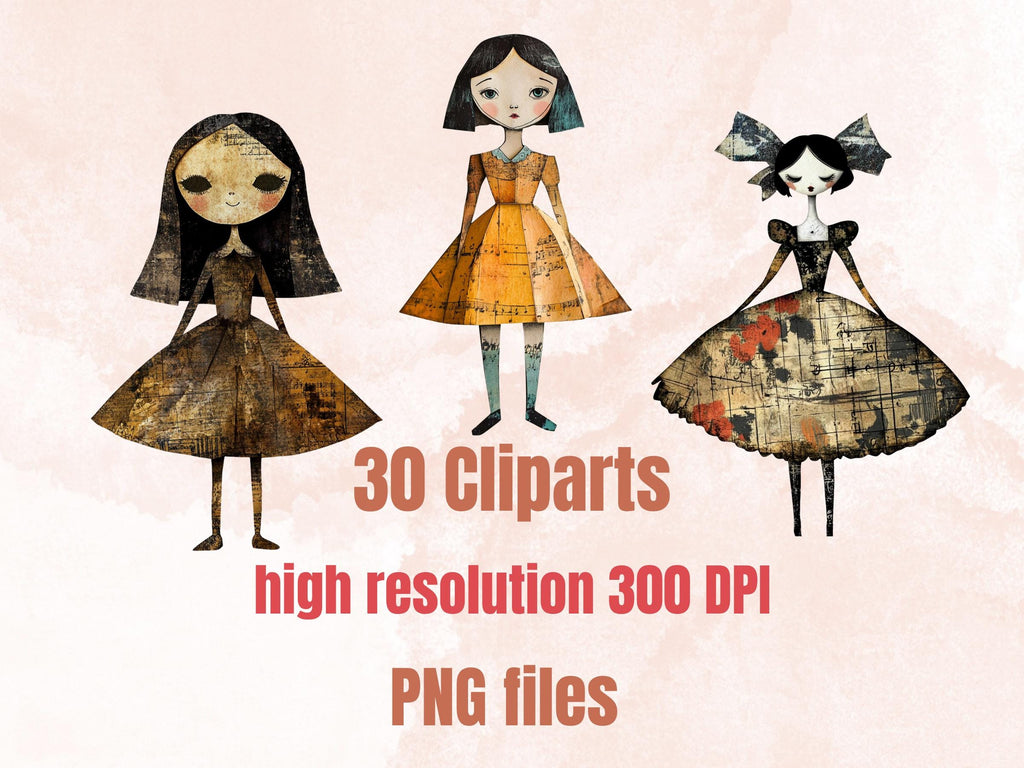 Whimsical Surreal Doll Mixed Media Clipart, Fantasy Girl Fussy Cut Collage Sheet, Quirky Cut Out Ephemera, Grunge Texture for Scrapbooking