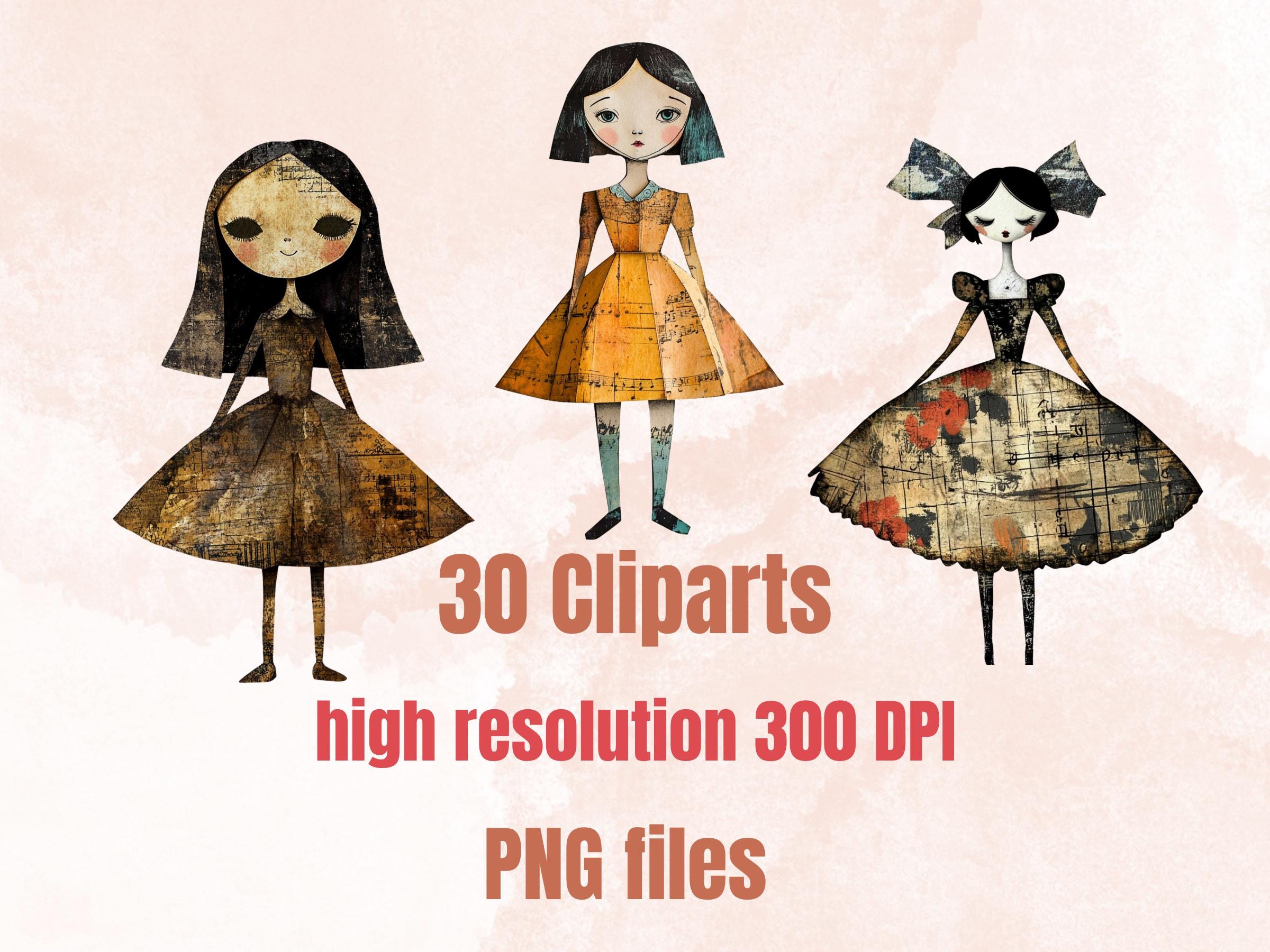 Whimsical Surreal Doll Mixed Media Clipart, Fantasy Girl Fussy Cut Collage Sheet, Quirky Cut Out Ephemera, Grunge Texture for Scrapbooking