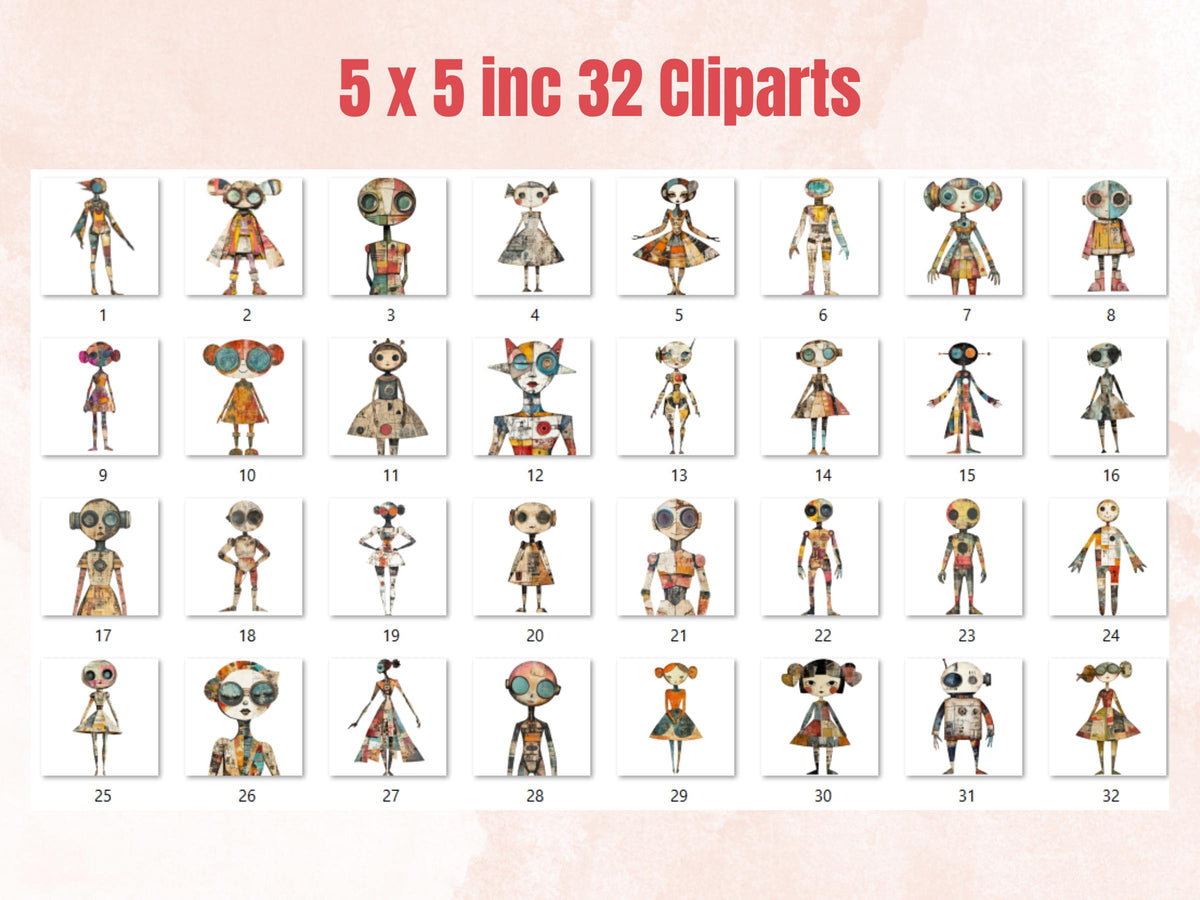 Whimsical Futuristic Doll Mixed Media Clipart, Industrial Girl Fussy Cut Collage Sheet, Quirky Cut Out Ephemera, Grunge Texture Scrapbooking
