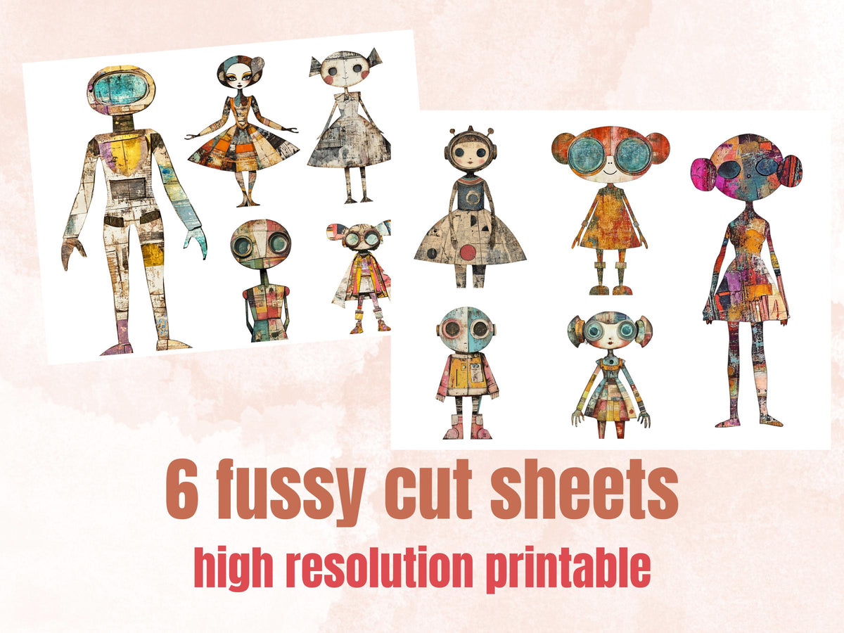 Whimsical Futuristic Doll Mixed Media Clipart, Industrial Girl Fussy Cut Collage Sheet, Quirky Cut Out Ephemera, Grunge Texture Scrapbooking