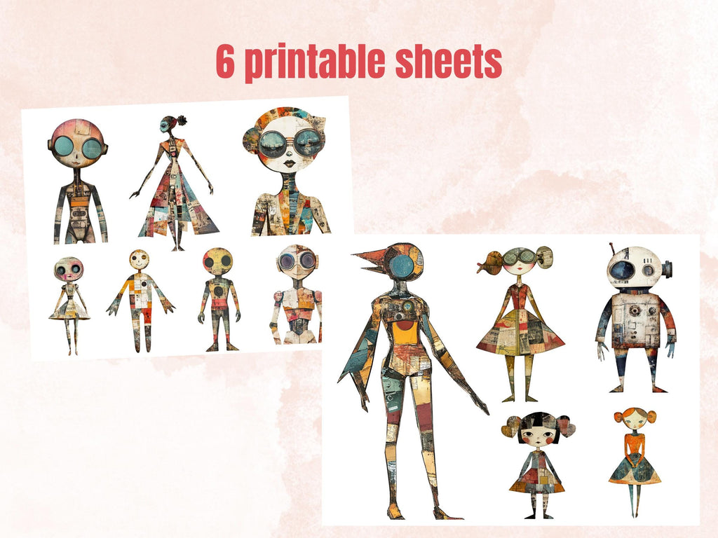Whimsical Futuristic Doll Mixed Media Clipart, Industrial Girl Fussy Cut Collage Sheet, Quirky Cut Out Ephemera, Grunge Texture Scrapbooking