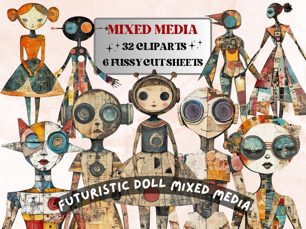 Whimsical Futuristic Doll Mixed Media Clipart, Industrial Girl Fussy Cut Collage Sheet, Quirky Cut Out Ephemera, Grunge Texture Scrapbooking