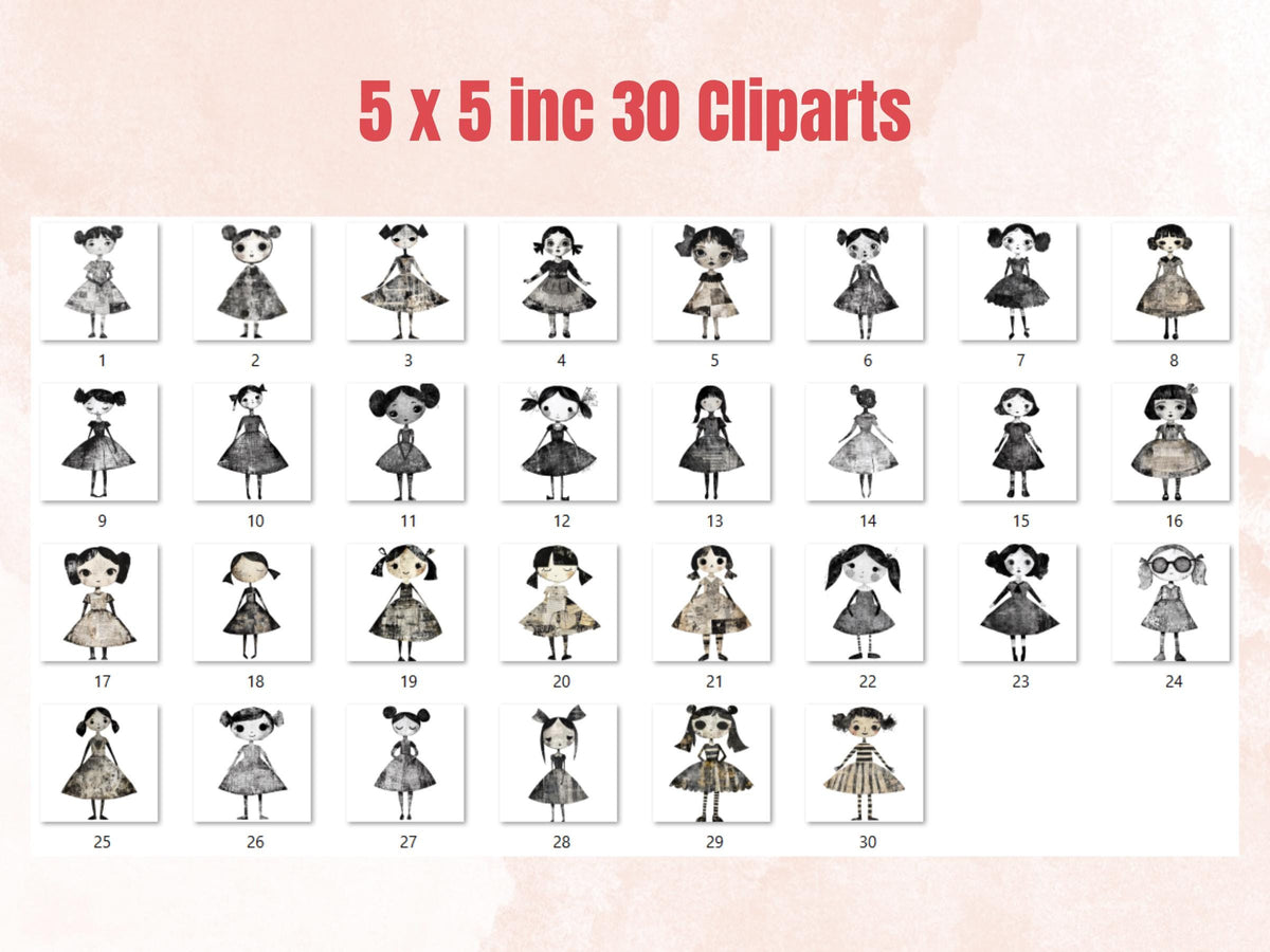 Whimsical Black White Doll Mixed Media Clipart, Vintage Girl Fussy Cut Collage Sheet, Quirky Cut Out Ephemera, Grunge Texture for Scrapbook