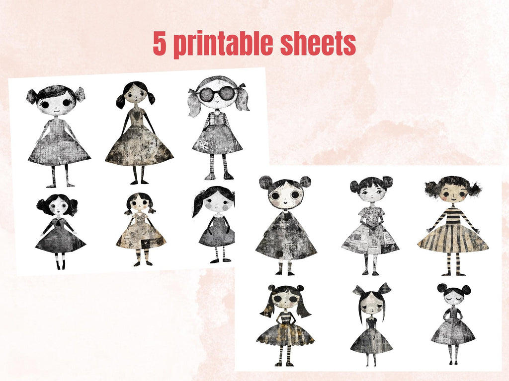 Whimsical Black White Doll Mixed Media Clipart, Vintage Girl Fussy Cut Collage Sheet, Quirky Cut Out Ephemera, Grunge Texture for Scrapbook