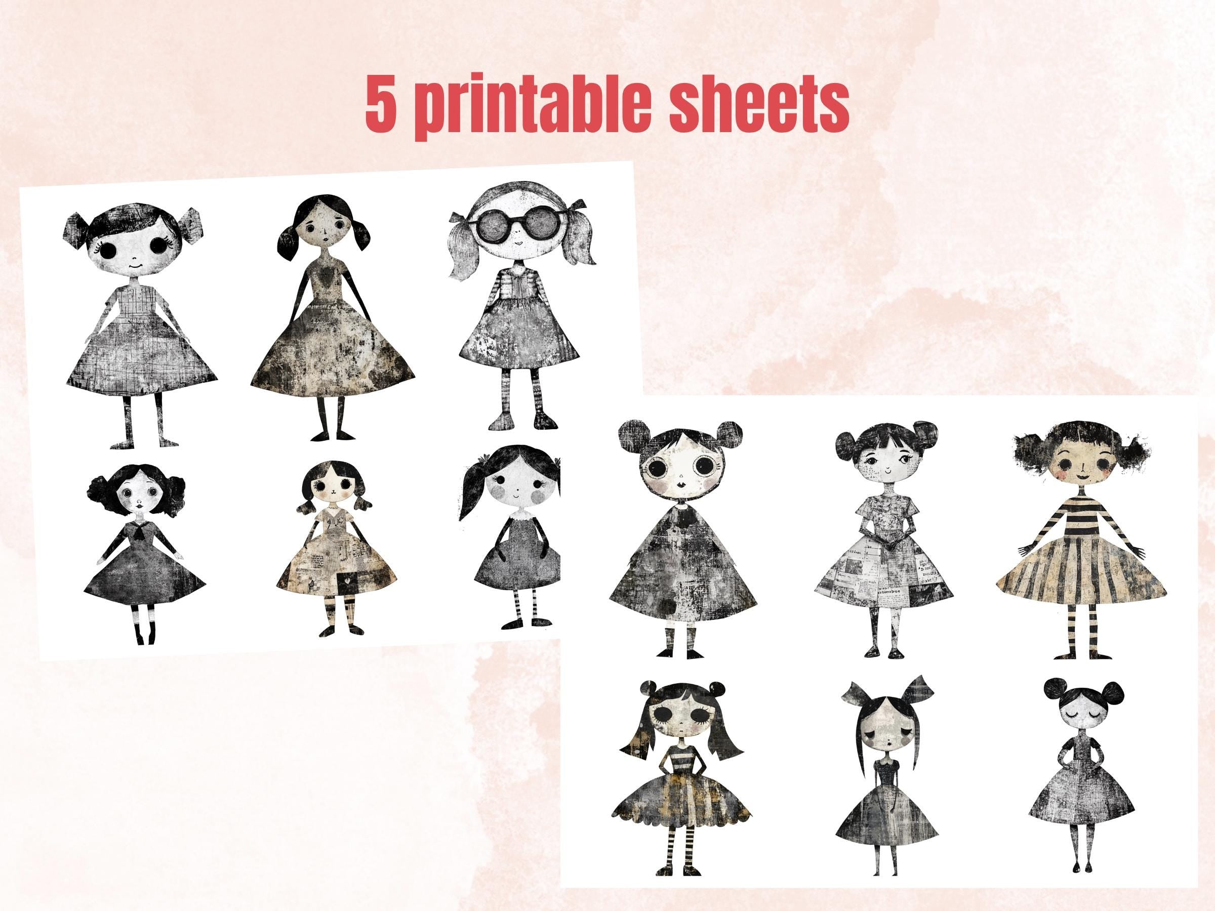 Whimsical Black White Doll Mixed Media Clipart, Vintage Girl Fussy Cut Collage Sheet, Quirky Cut Out Ephemera, Grunge Texture for Scrapbook