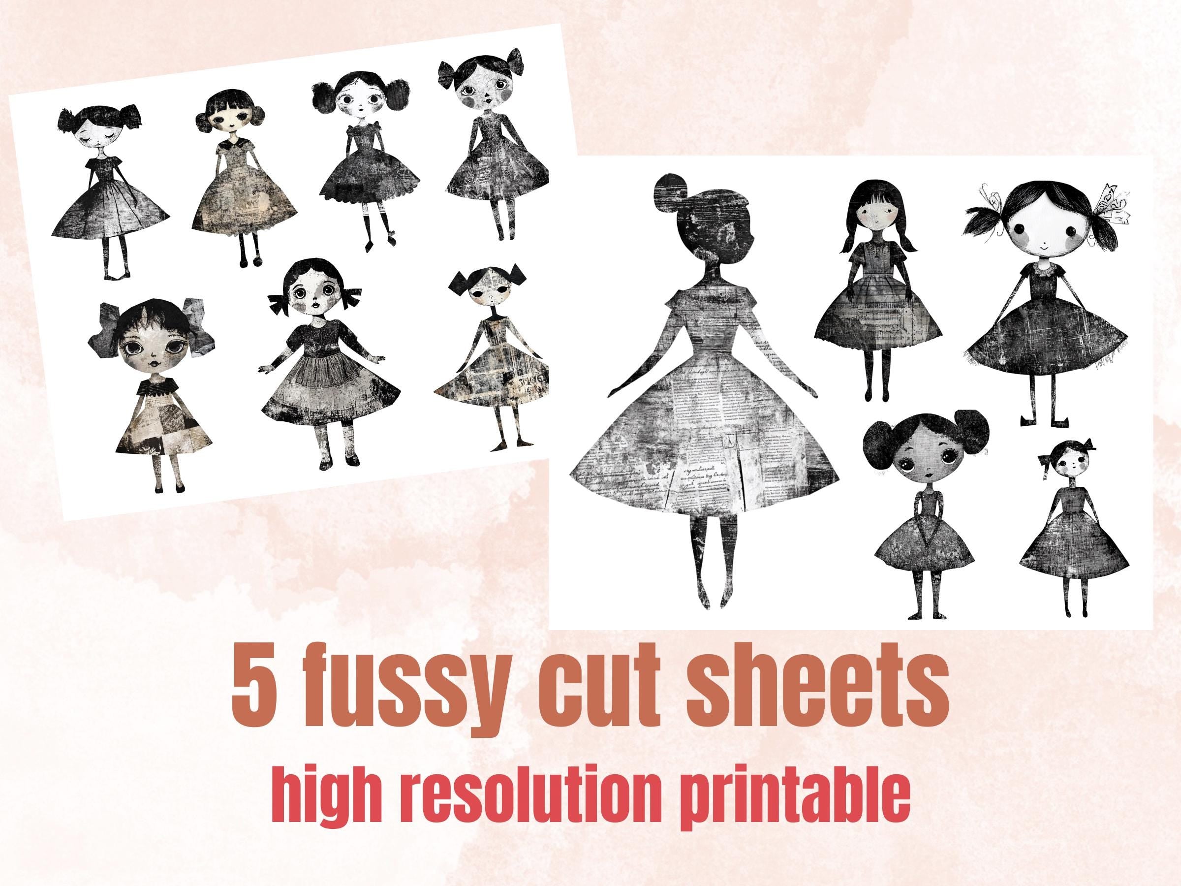 Whimsical Black White Doll Mixed Media Clipart, Vintage Girl Fussy Cut Collage Sheet, Quirky Cut Out Ephemera, Grunge Texture for Scrapbook