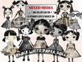Whimsical Black White Doll Mixed Media Clipart, Vintage Girl Fussy Cut Collage Sheet, Quirky Cut Out Ephemera, Grunge Texture for Scrapbook