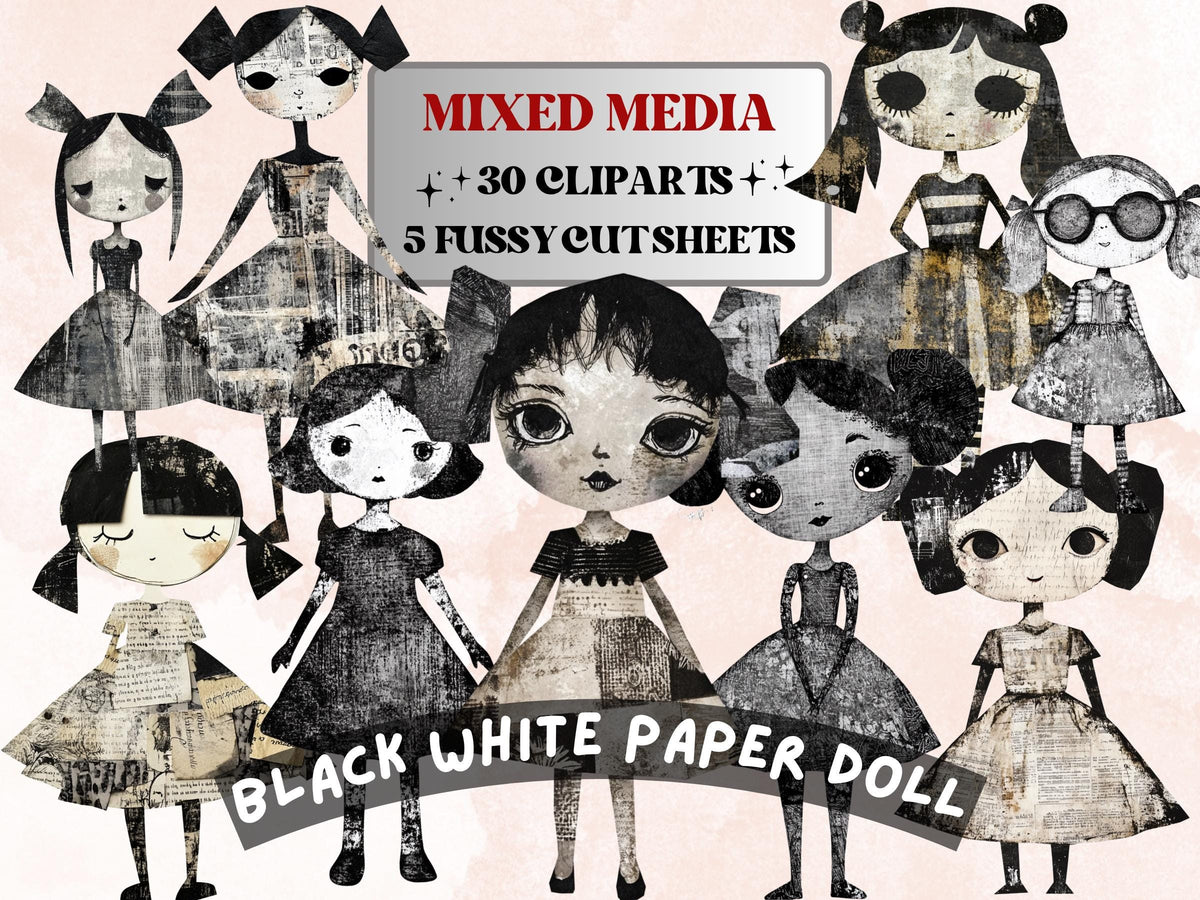 Whimsical Black White Doll Mixed Media Clipart, Vintage Girl Fussy Cut Collage Sheet, Quirky Cut Out Ephemera, Grunge Texture for Scrapbook