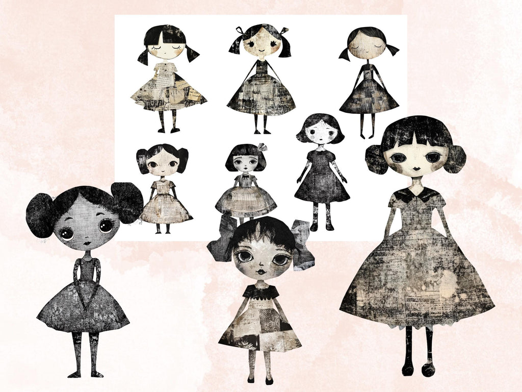 Whimsical Black White Doll Mixed Media Clipart, Vintage Girl Fussy Cut Collage Sheet, Quirky Cut Out Ephemera, Grunge Texture for Scrapbook