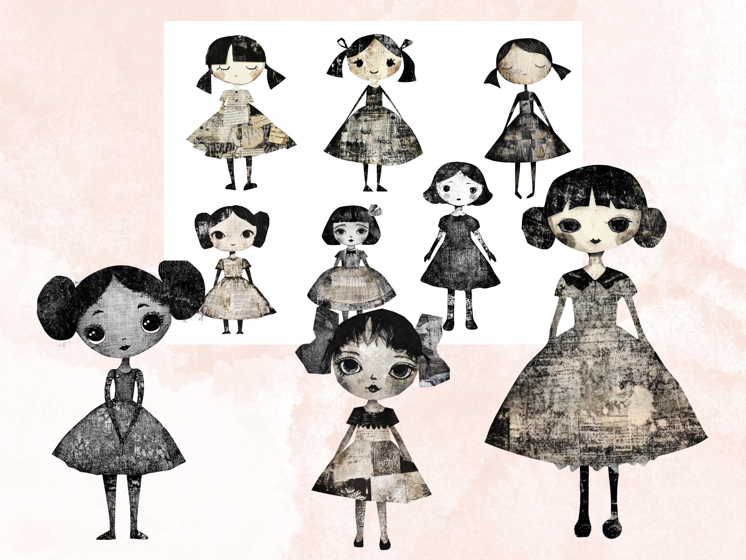 Whimsical Black White Doll Mixed Media Clipart, Vintage Girl Fussy Cut Collage Sheet, Quirky Cut Out Ephemera, Grunge Texture for Scrapbook