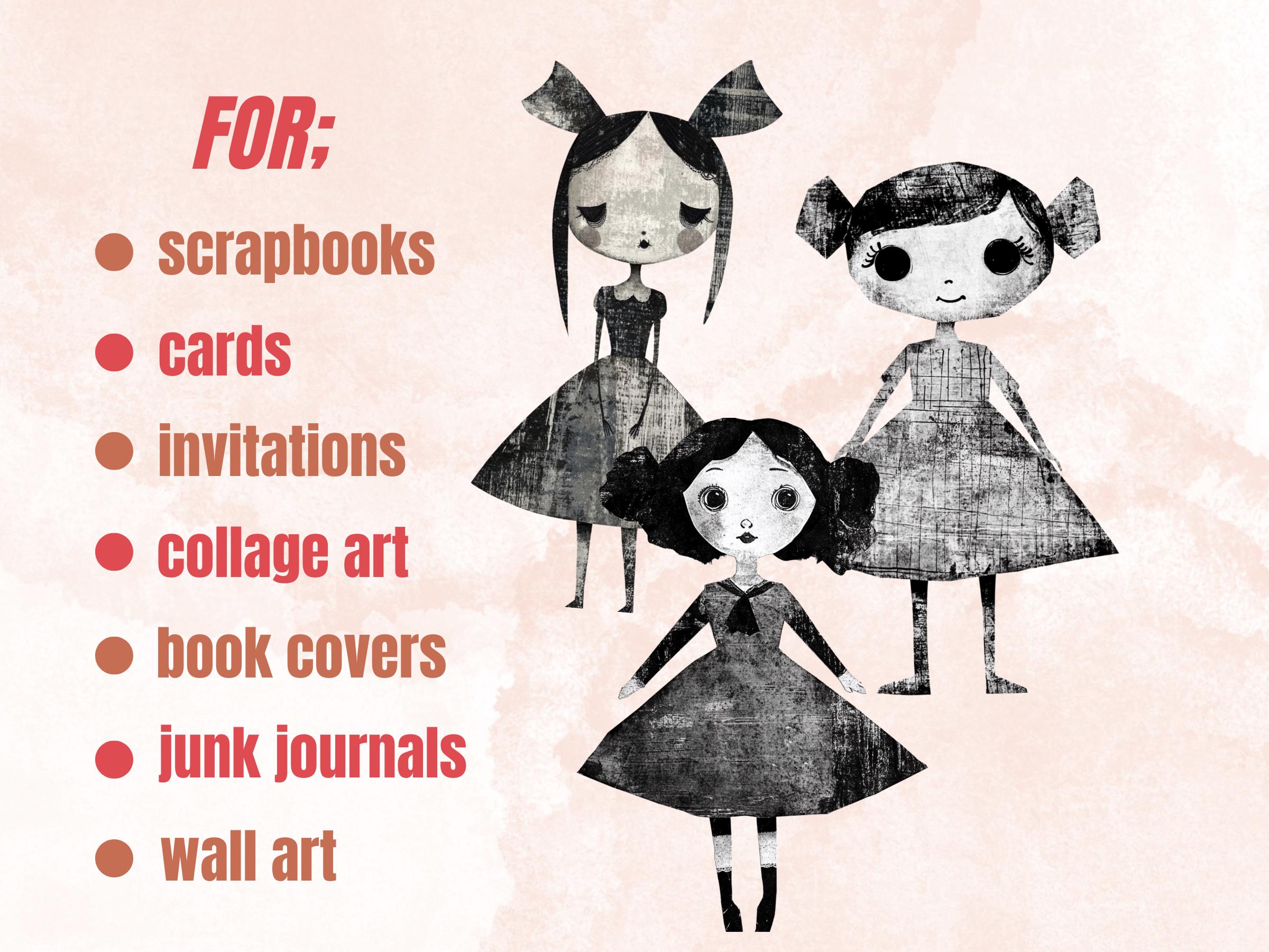 Whimsical Black White Doll Mixed Media Clipart, Vintage Girl Fussy Cut Collage Sheet, Quirky Cut Out Ephemera, Grunge Texture for Scrapbook