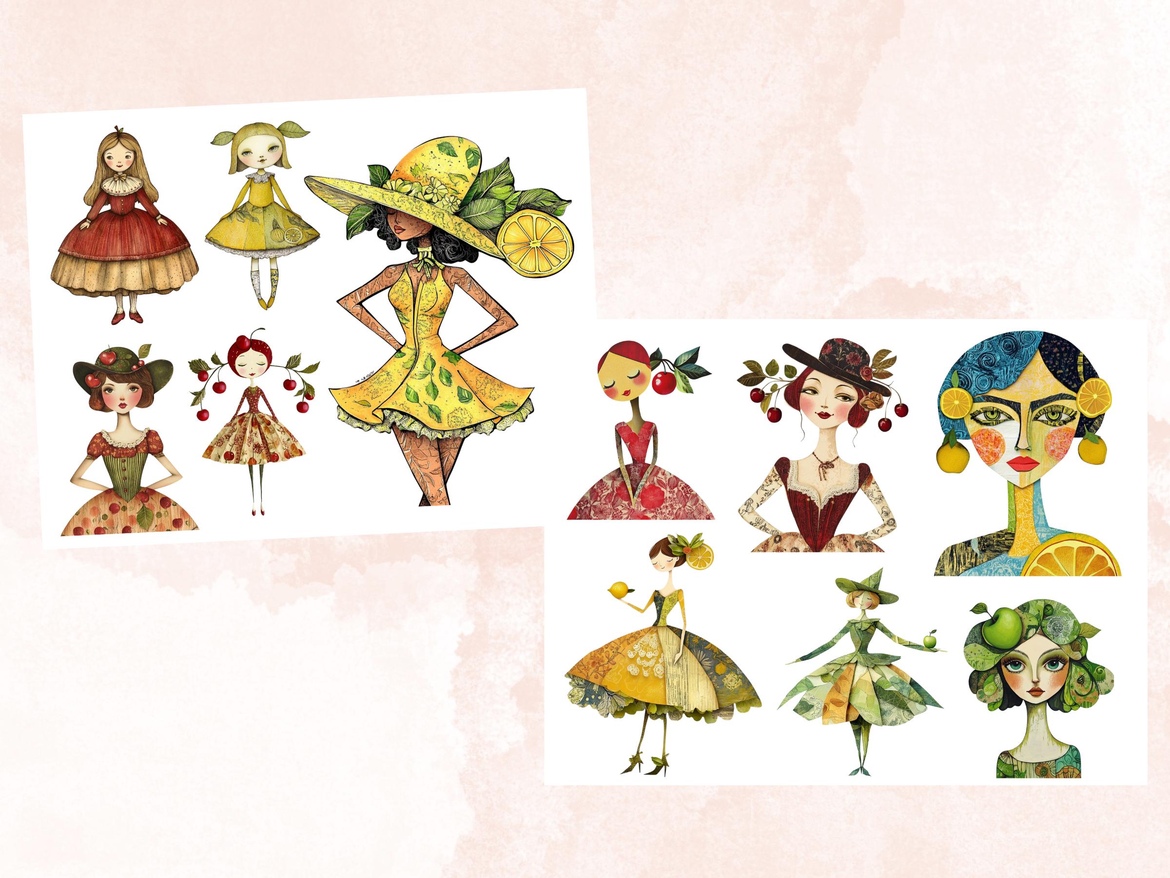 Whimsical Fruit Girls Mixed Media Clipart, Whimsy Fruit Doll Fussy Cut Collage Sheet, Quirky Cut Out Ephemera, PNG + JPG for Scrapbooking