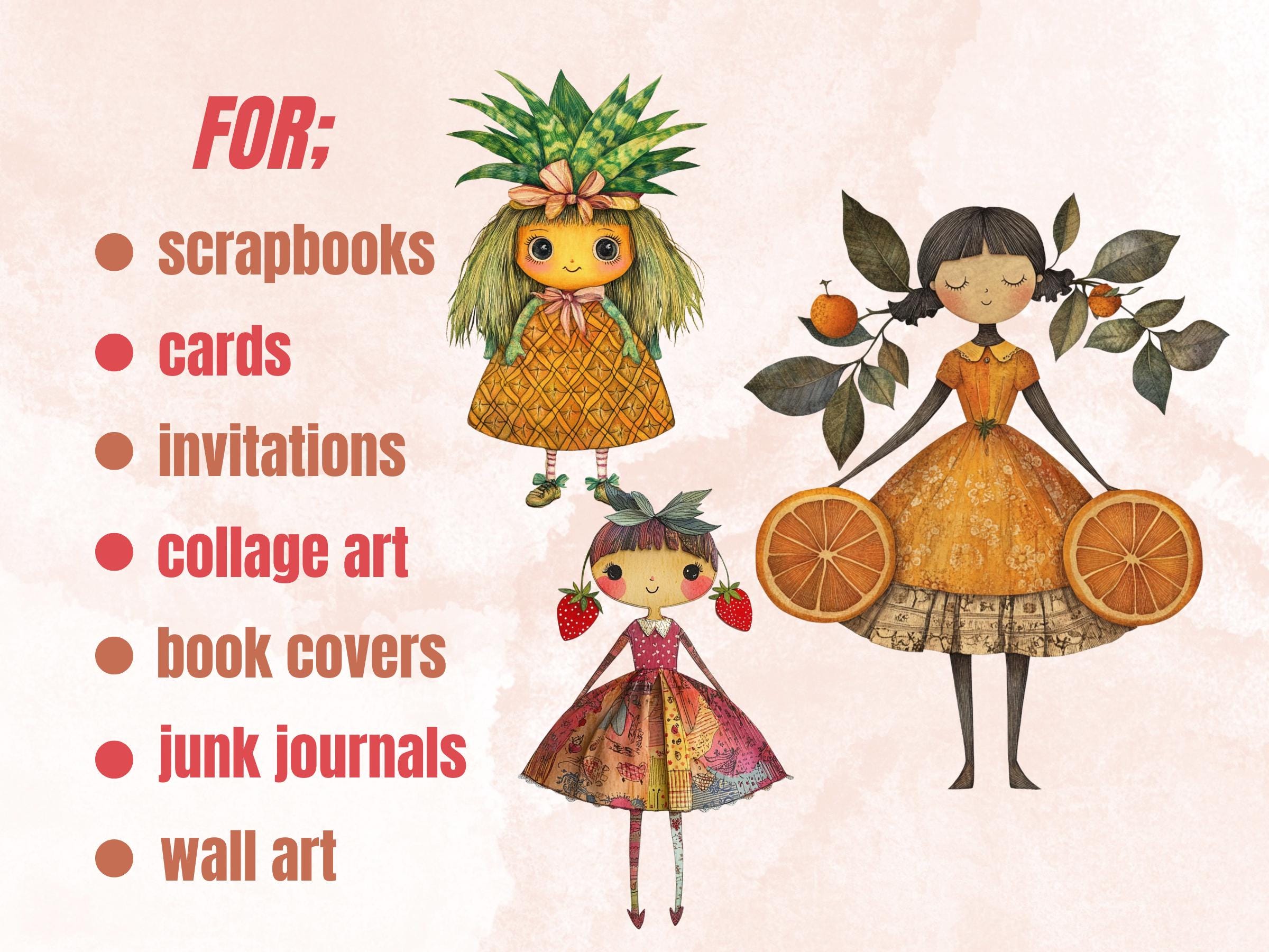 Whimsical Fruit Girls Mixed Media Clipart, Whimsy Fruit Doll Fussy Cut Collage Sheet, Quirky Cut Out Ephemera, PNG + JPG for Scrapbooking