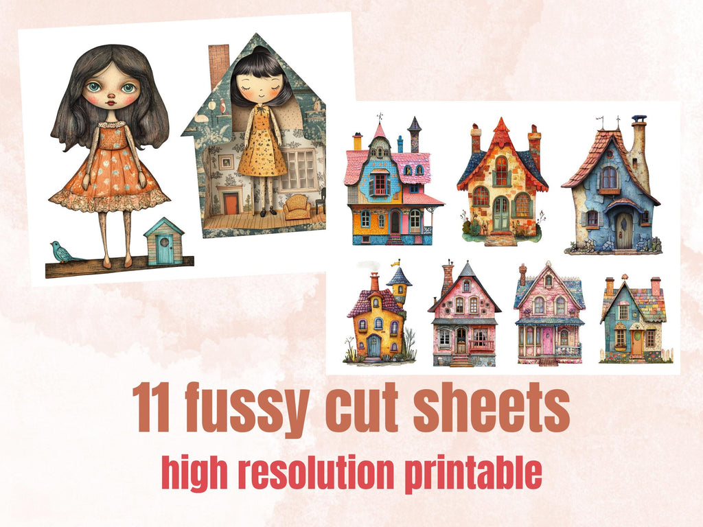 Whimsical House Mixed Media Clipart, Whimsy House Doll Fussy Cut Collage Sheet, Quirky House Cut Out Ephemera, PNG + JPG for Scrapbooking