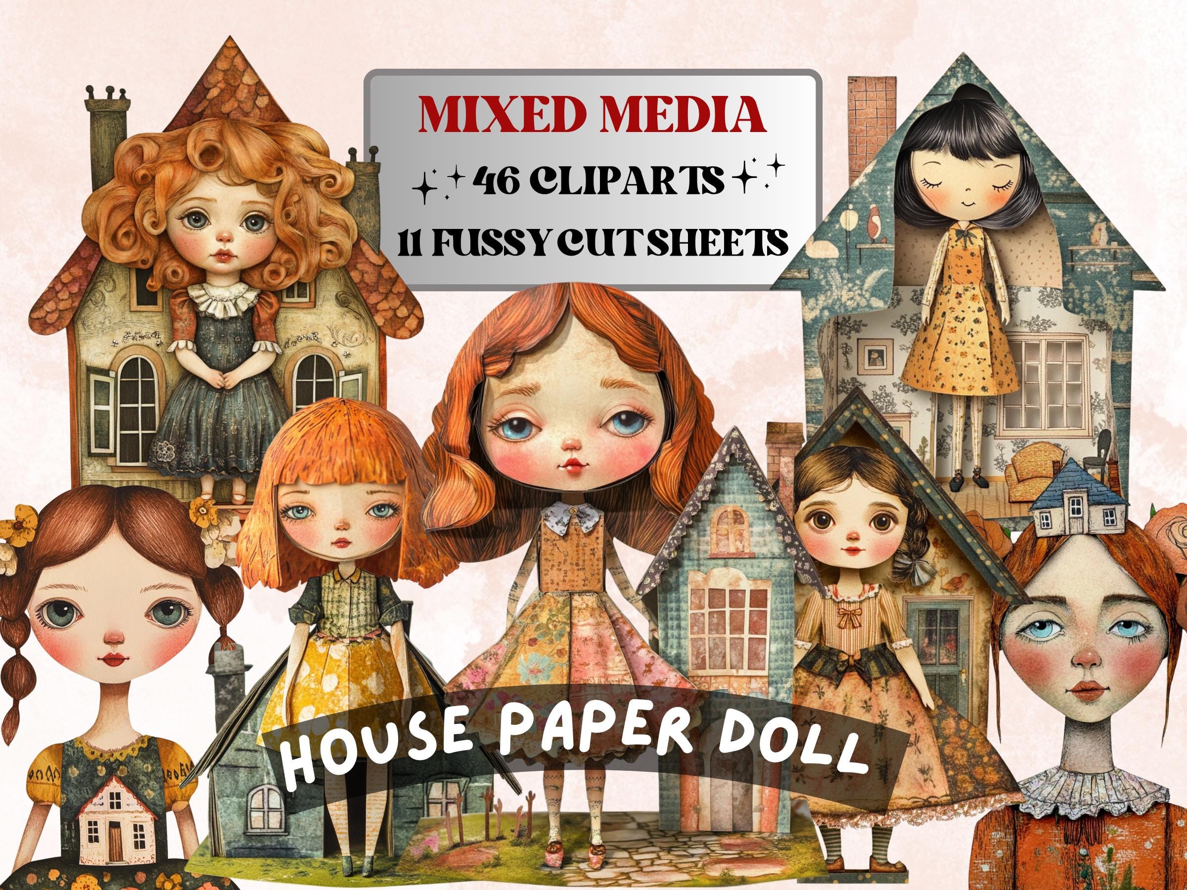 Whimsical House Mixed Media Clipart, Whimsy House Doll Fussy Cut Collage Sheet, Quirky House Cut Out Ephemera, PNG + JPG for Scrapbooking