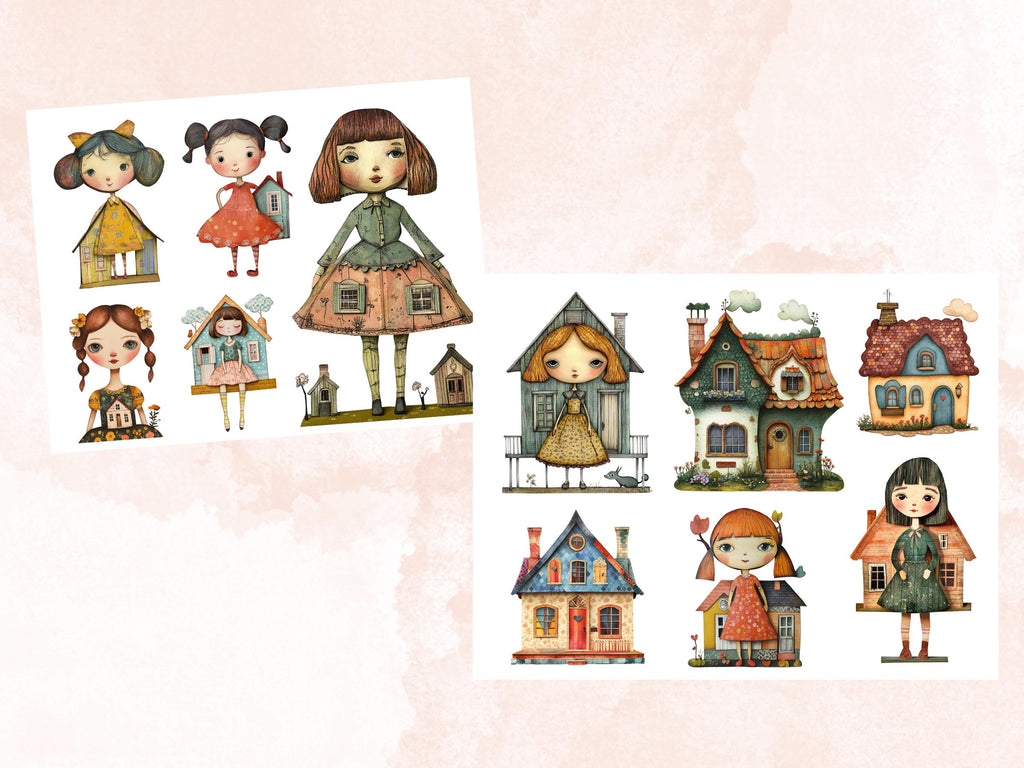 Whimsical House Mixed Media Clipart, Whimsy House Doll Fussy Cut Collage Sheet, Quirky House Cut Out Ephemera, PNG + JPG for Scrapbooking
