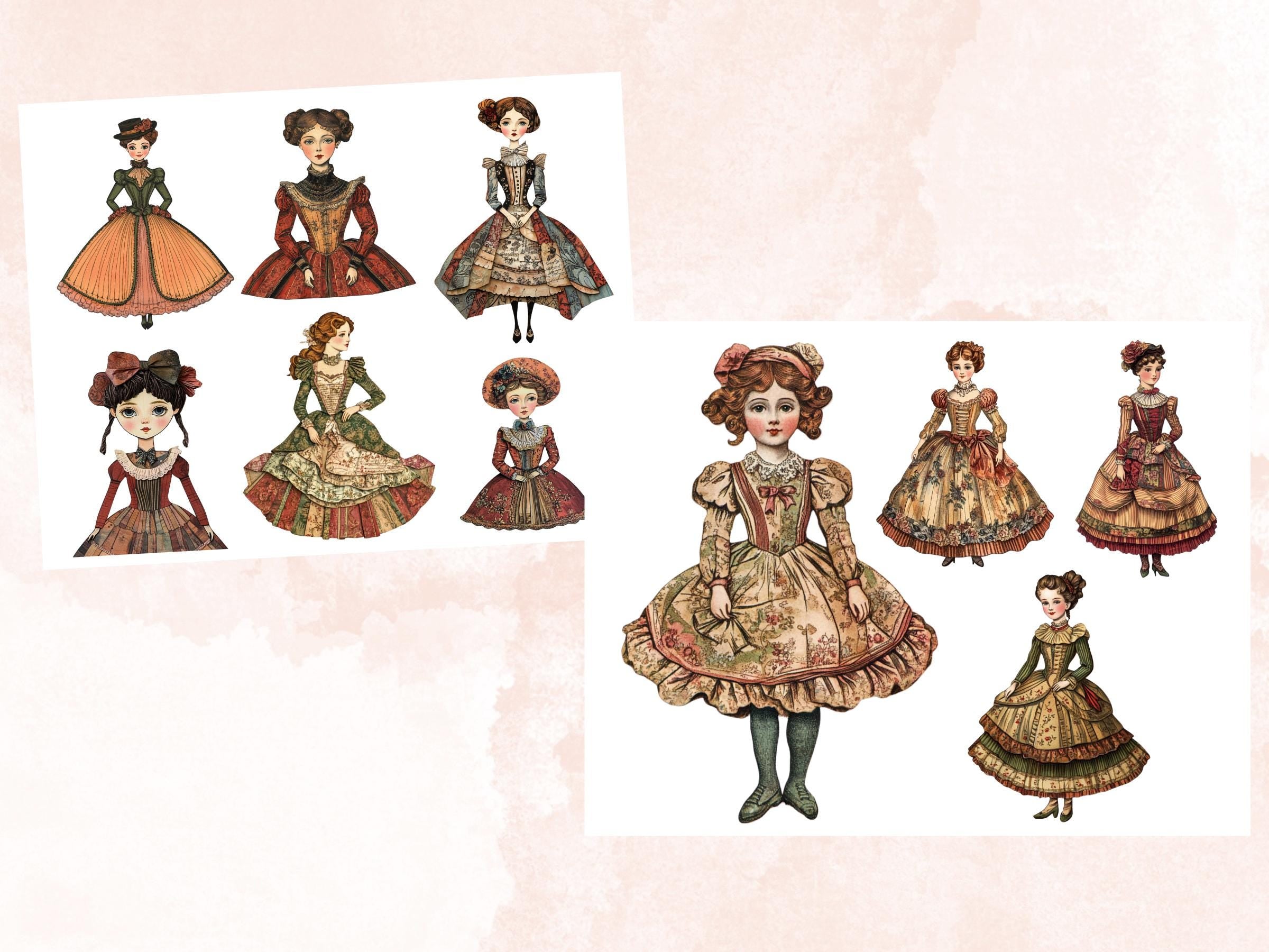 Whimsical Victorian Girls Mixed Media Clipart, Whimsy Victorian Doll Fussy Cut Collage Sheet, Quirky Cut Out Ephemera, for Scrapbooking