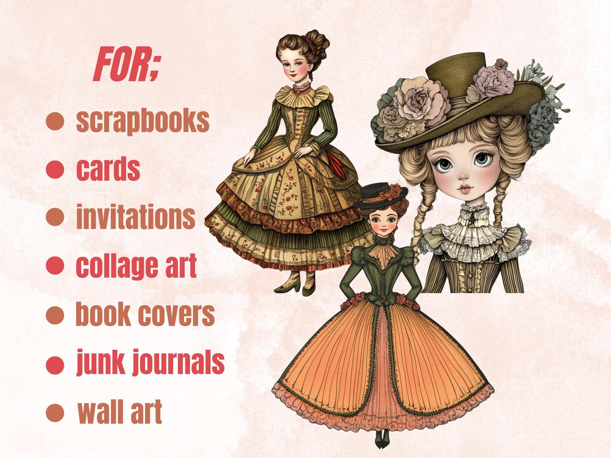 Whimsical Victorian Girls Mixed Media Clipart, Whimsy Victorian Doll Fussy Cut Collage Sheet, Quirky Cut Out Ephemera, for Scrapbooking