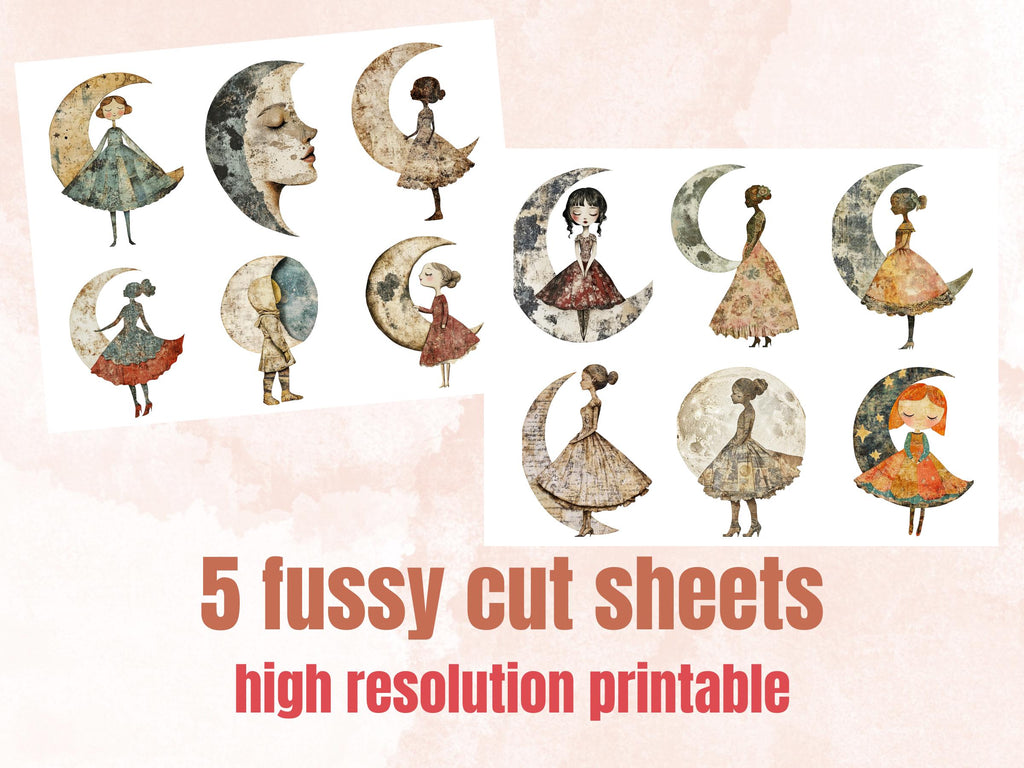 Whimsical Lunar Doll Mixed Media Clipart, Celestial Girl Fussy Cut Collage Sheet, Quirky Cut Out Ephemera, Grunge Texture for Scrapbooking