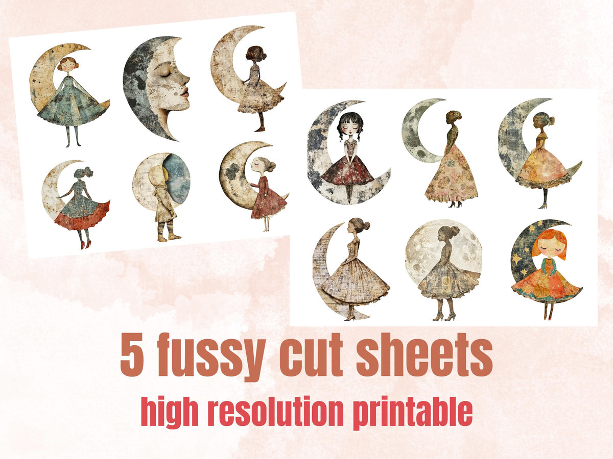 Whimsical Lunar Doll Mixed Media Clipart, Celestial Girl Fussy Cut Collage Sheet, Quirky Cut Out Ephemera, Grunge Texture for Scrapbooking