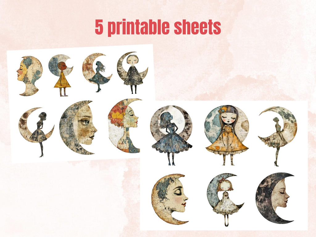 Whimsical Lunar Doll Mixed Media Clipart, Celestial Girl Fussy Cut Collage Sheet, Quirky Cut Out Ephemera, Grunge Texture for Scrapbooking