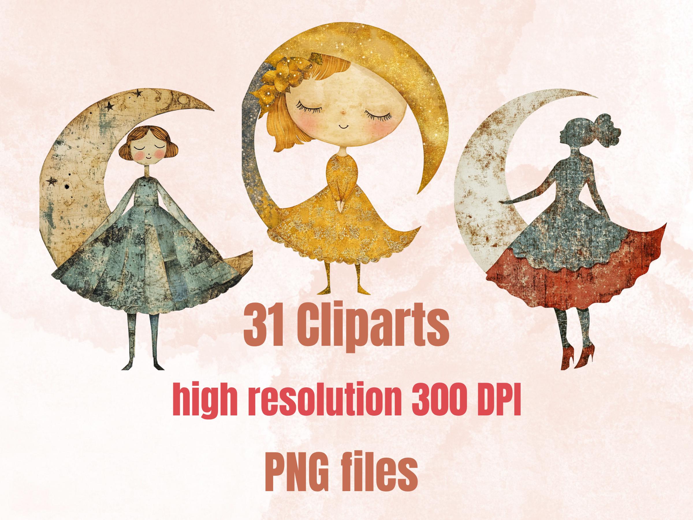 Whimsical Lunar Doll Mixed Media Clipart, Celestial Girl Fussy Cut Collage Sheet, Quirky Cut Out Ephemera, Grunge Texture for Scrapbooking