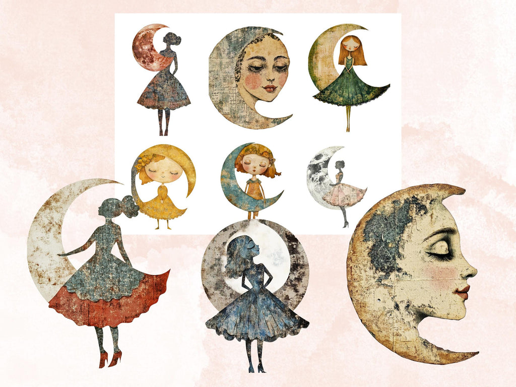 Whimsical Lunar Doll Mixed Media Clipart, Celestial Girl Fussy Cut Collage Sheet, Quirky Cut Out Ephemera, Grunge Texture for Scrapbooking