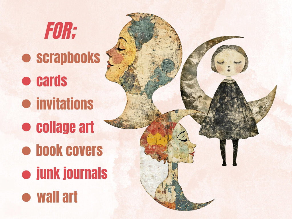 Whimsical Lunar Doll Mixed Media Clipart, Celestial Girl Fussy Cut Collage Sheet, Quirky Cut Out Ephemera, Grunge Texture for Scrapbooking