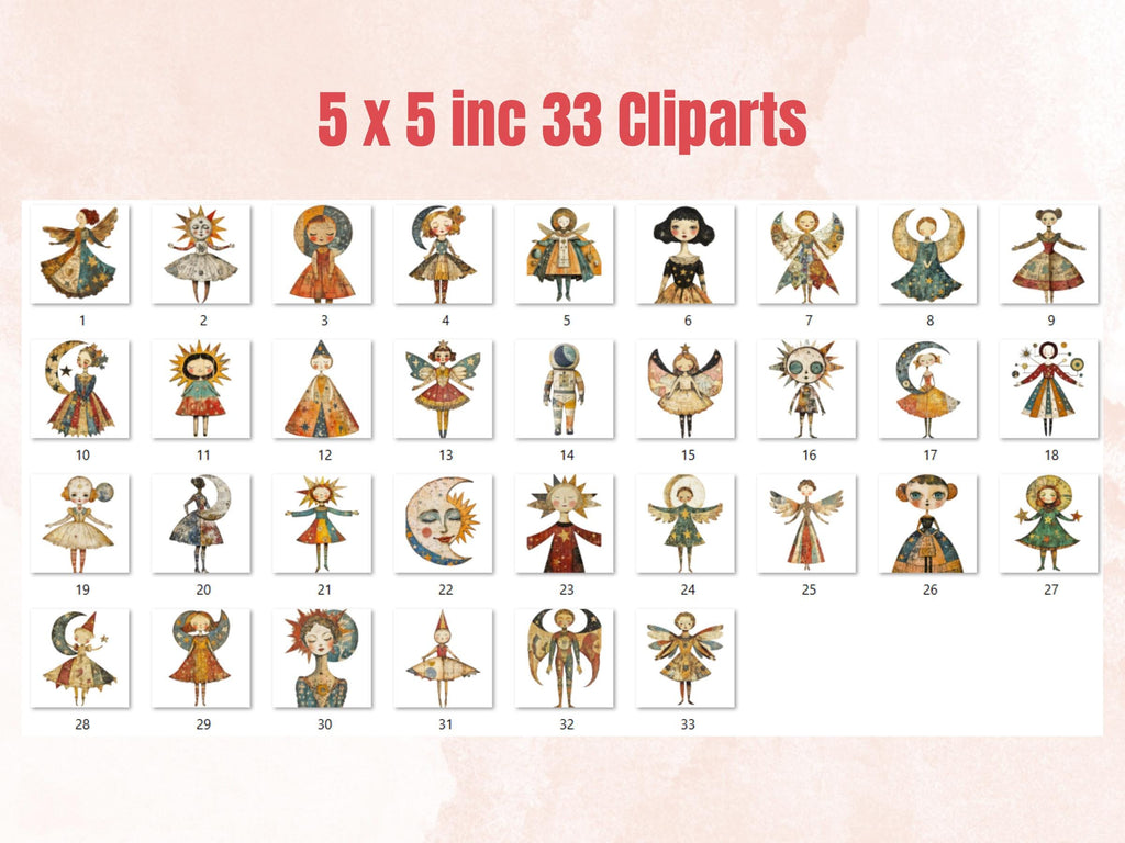 Whimsical Celestial Doll Mixed Media Clipart, Ethereal Girl Fussy Cut Collage Sheet, Quirky Cut Out Ephemera, PNG + JPG for Scrapbooking