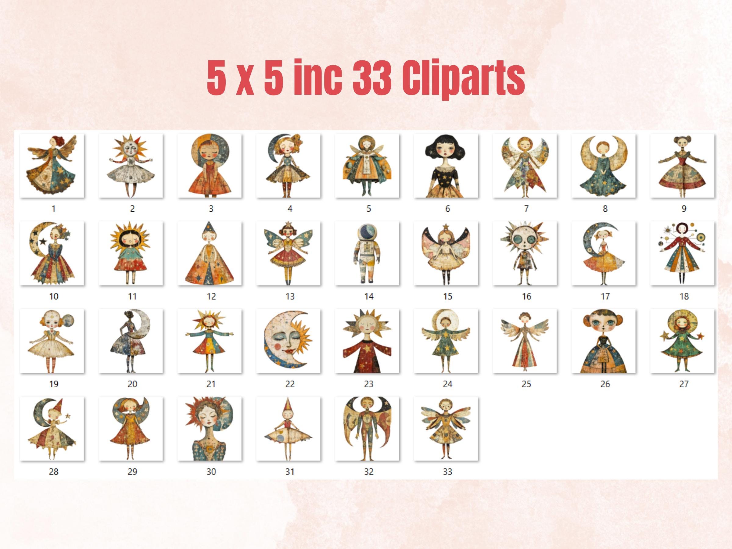 Whimsical Celestial Doll Mixed Media Clipart, Ethereal Girl Fussy Cut Collage Sheet, Quirky Cut Out Ephemera, PNG + JPG for Scrapbooking
