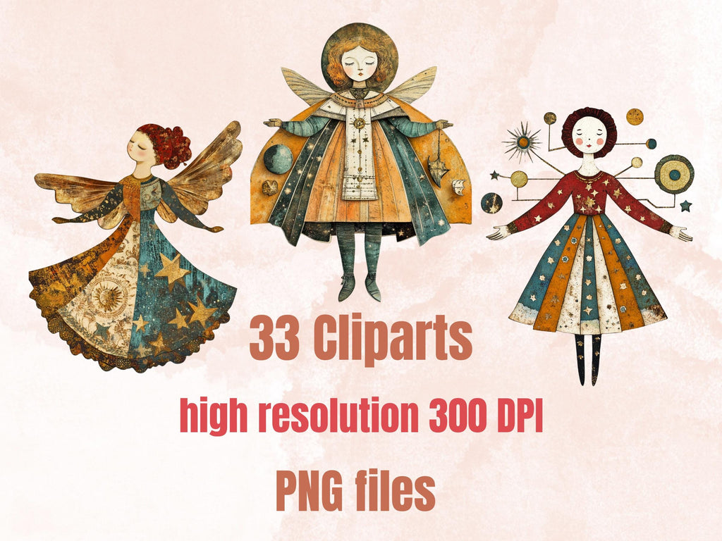 Whimsical Celestial Doll Mixed Media Clipart, Ethereal Girl Fussy Cut Collage Sheet, Quirky Cut Out Ephemera, PNG + JPG for Scrapbooking