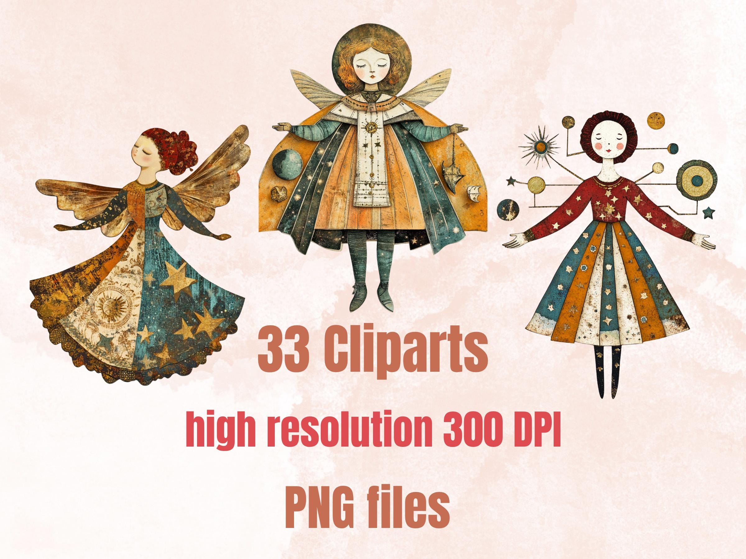 Whimsical Celestial Doll Mixed Media Clipart, Ethereal Girl Fussy Cut Collage Sheet, Quirky Cut Out Ephemera, PNG + JPG for Scrapbooking