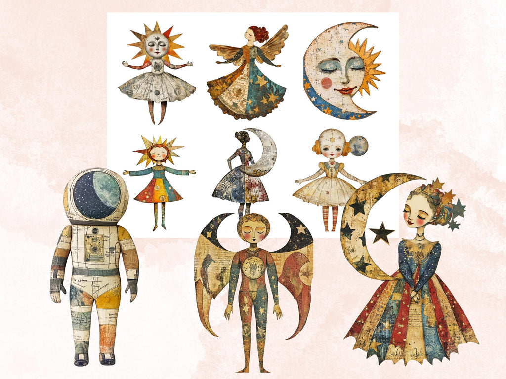 Whimsical Celestial Doll Mixed Media Clipart, Ethereal Girl Fussy Cut Collage Sheet, Quirky Cut Out Ephemera, PNG + JPG for Scrapbooking