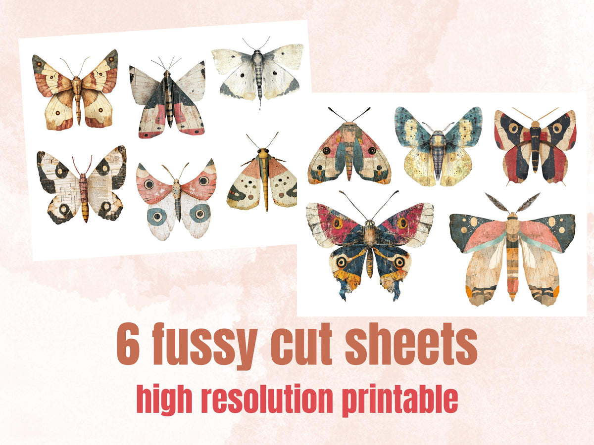 Whimsical Moths Mixed Media Clipart, Whimsy Butterfly Fussy Cut Collage Sheet, Quirky Cut Out Ephemera, PNG + JPG for Scrapbooking, Journal