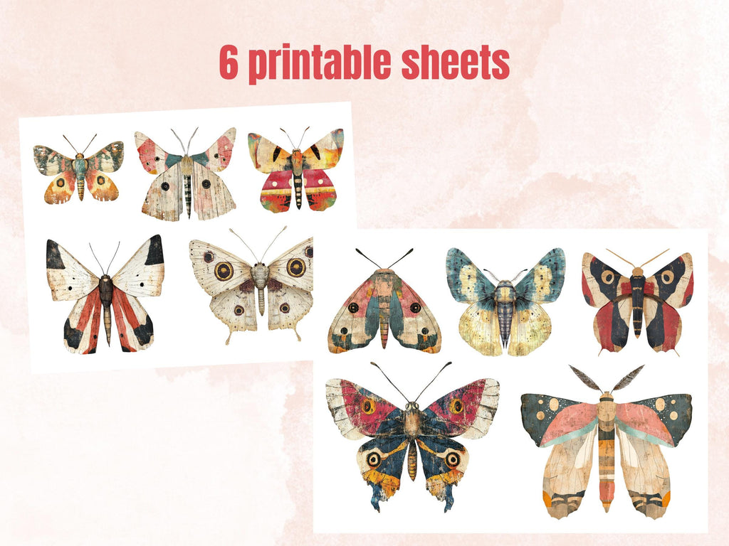 Whimsical Moths Mixed Media Clipart, Whimsy Butterfly Fussy Cut Collage Sheet, Quirky Cut Out Ephemera, PNG + JPG for Scrapbooking, Journal