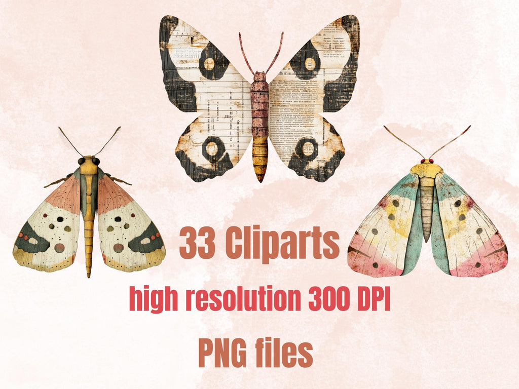 Whimsical Moths Mixed Media Clipart, Whimsy Butterfly Fussy Cut Collage Sheet, Quirky Cut Out Ephemera, PNG + JPG for Scrapbooking, Journal