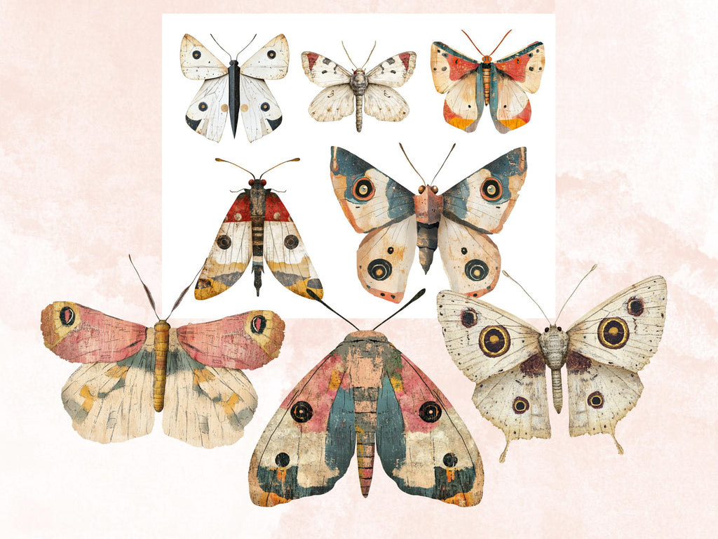 Whimsical Moths Mixed Media Clipart, Whimsy Butterfly Fussy Cut Collage Sheet, Quirky Cut Out Ephemera, PNG + JPG for Scrapbooking, Journal