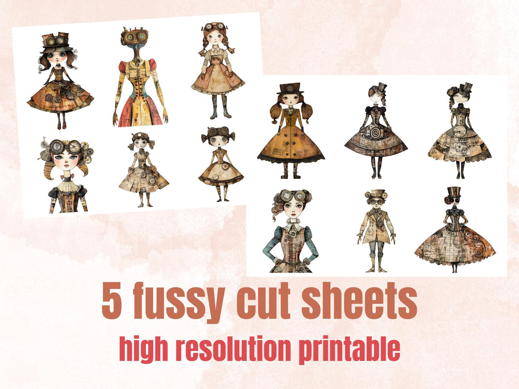 Whimsical Steampunk Doll Mixed Media Clipart, Industrial Girl Fussy Cut Collage Sheet, Quirky Cut Out Ephemera, Grunge Texture Scrapbooking