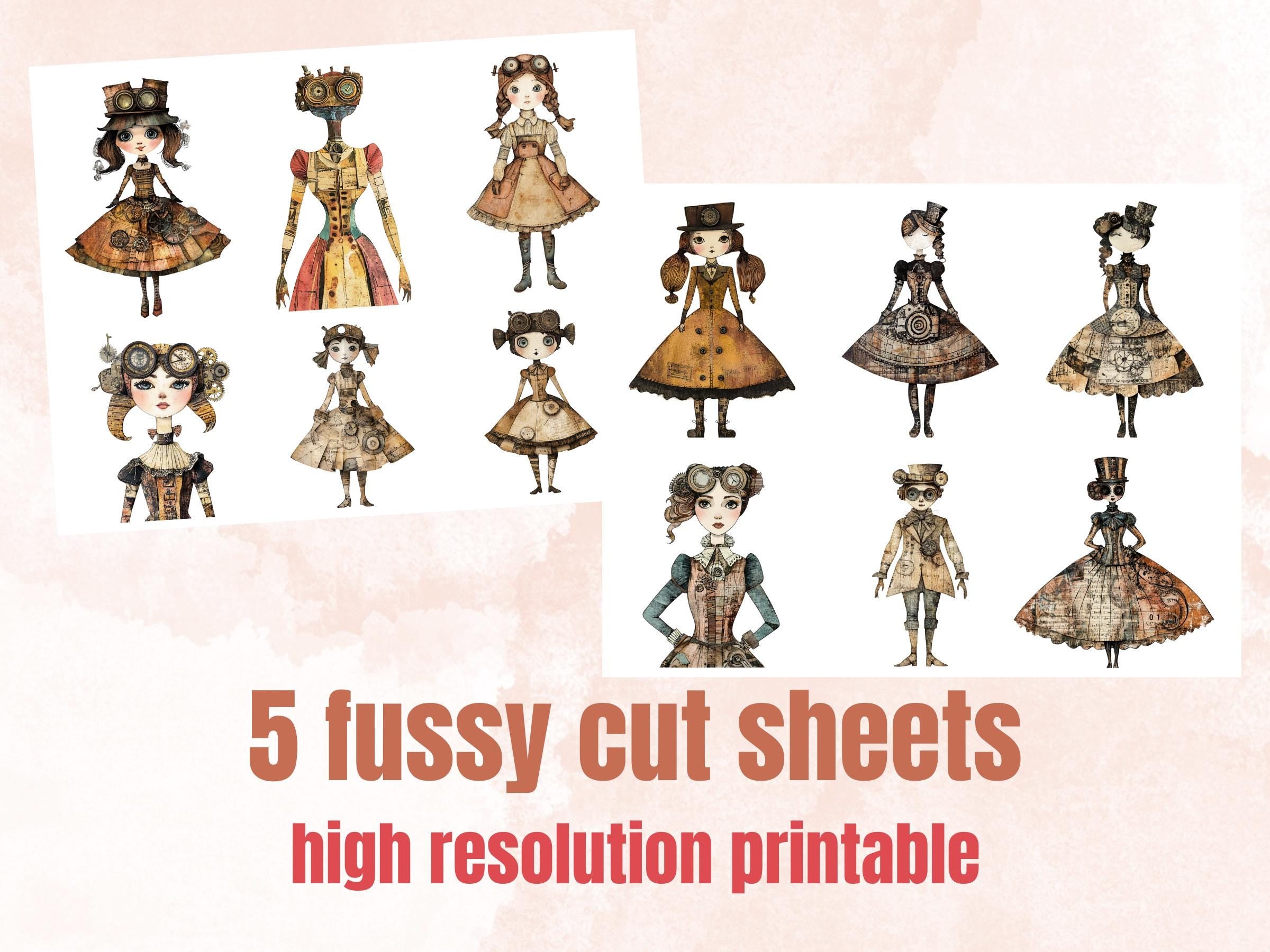 Whimsical Steampunk Doll Mixed Media Clipart, Industrial Girl Fussy Cut Collage Sheet, Quirky Cut Out Ephemera, Grunge Texture Scrapbooking