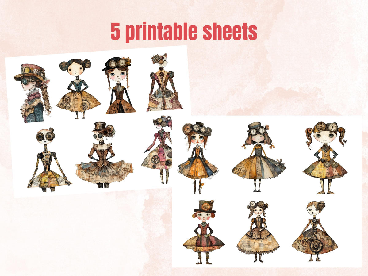 Whimsical Steampunk Doll Mixed Media Clipart, Industrial Girl Fussy Cut Collage Sheet, Quirky Cut Out Ephemera, Grunge Texture Scrapbooking