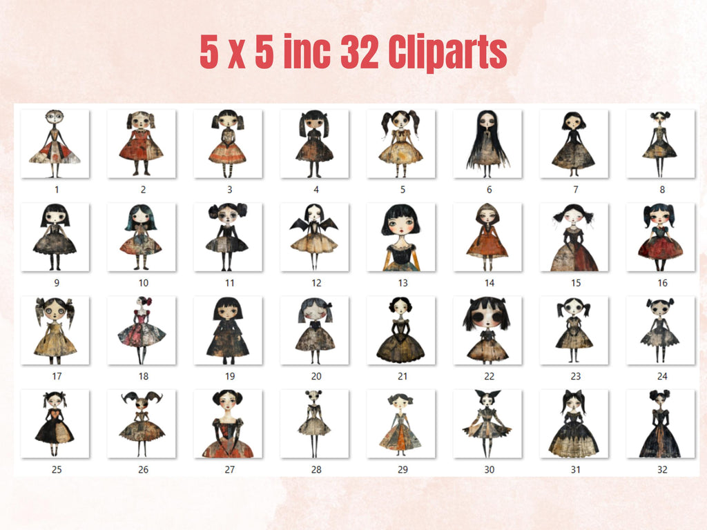 Whimsical Gothic Doll Mixed Media Clipart, Creepy Girl Fussy Cut Collage Sheet, Quirky Cut Out Ephemera, Grunge Texture for Scrapbooking