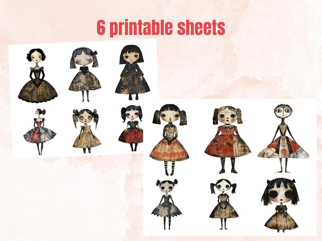 Whimsical Gothic Doll Mixed Media Clipart, Creepy Girl Fussy Cut Collage Sheet, Quirky Cut Out Ephemera, Grunge Texture for Scrapbooking