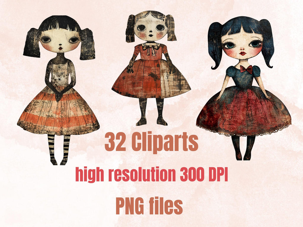 Whimsical Gothic Doll Mixed Media Clipart, Creepy Girl Fussy Cut Collage Sheet, Quirky Cut Out Ephemera, Grunge Texture for Scrapbooking