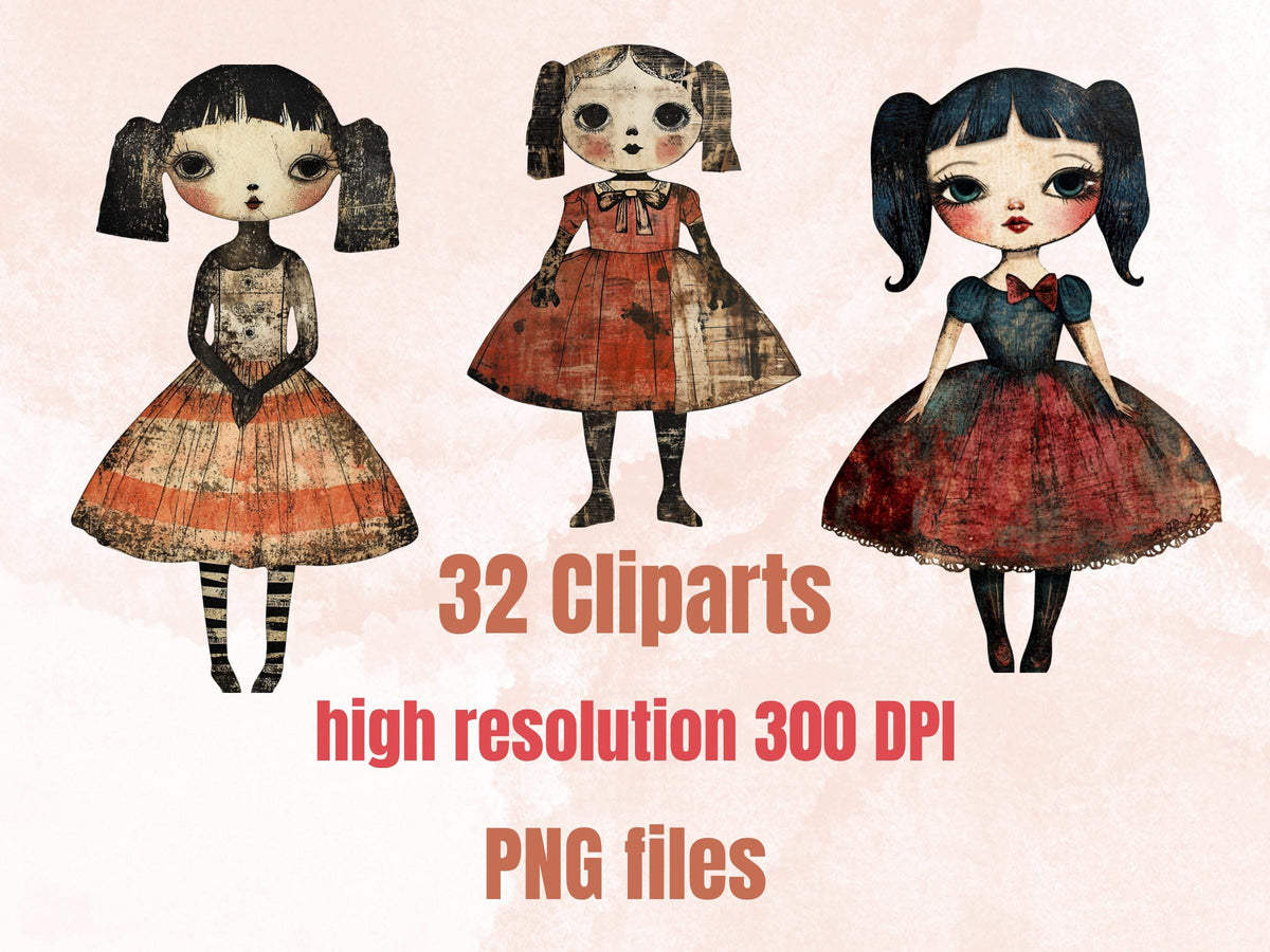 Whimsical Gothic Doll Mixed Media Clipart, Creepy Girl Fussy Cut Collage Sheet, Quirky Cut Out Ephemera, Grunge Texture for Scrapbooking