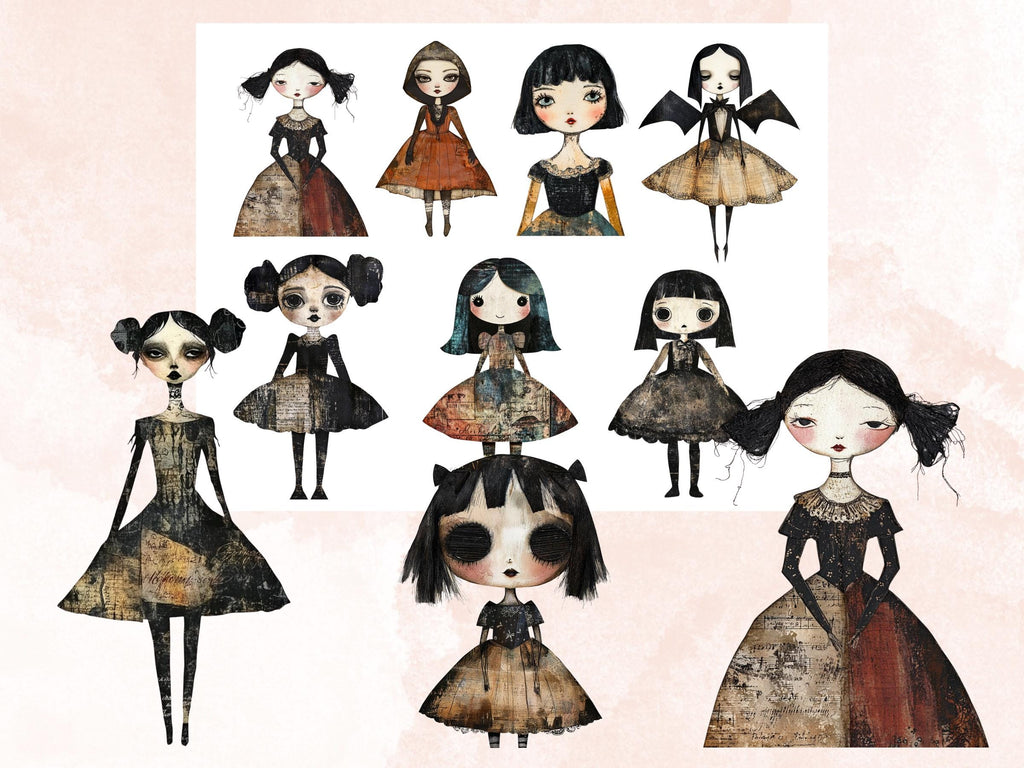 Whimsical Gothic Doll Mixed Media Clipart, Creepy Girl Fussy Cut Collage Sheet, Quirky Cut Out Ephemera, Grunge Texture for Scrapbooking