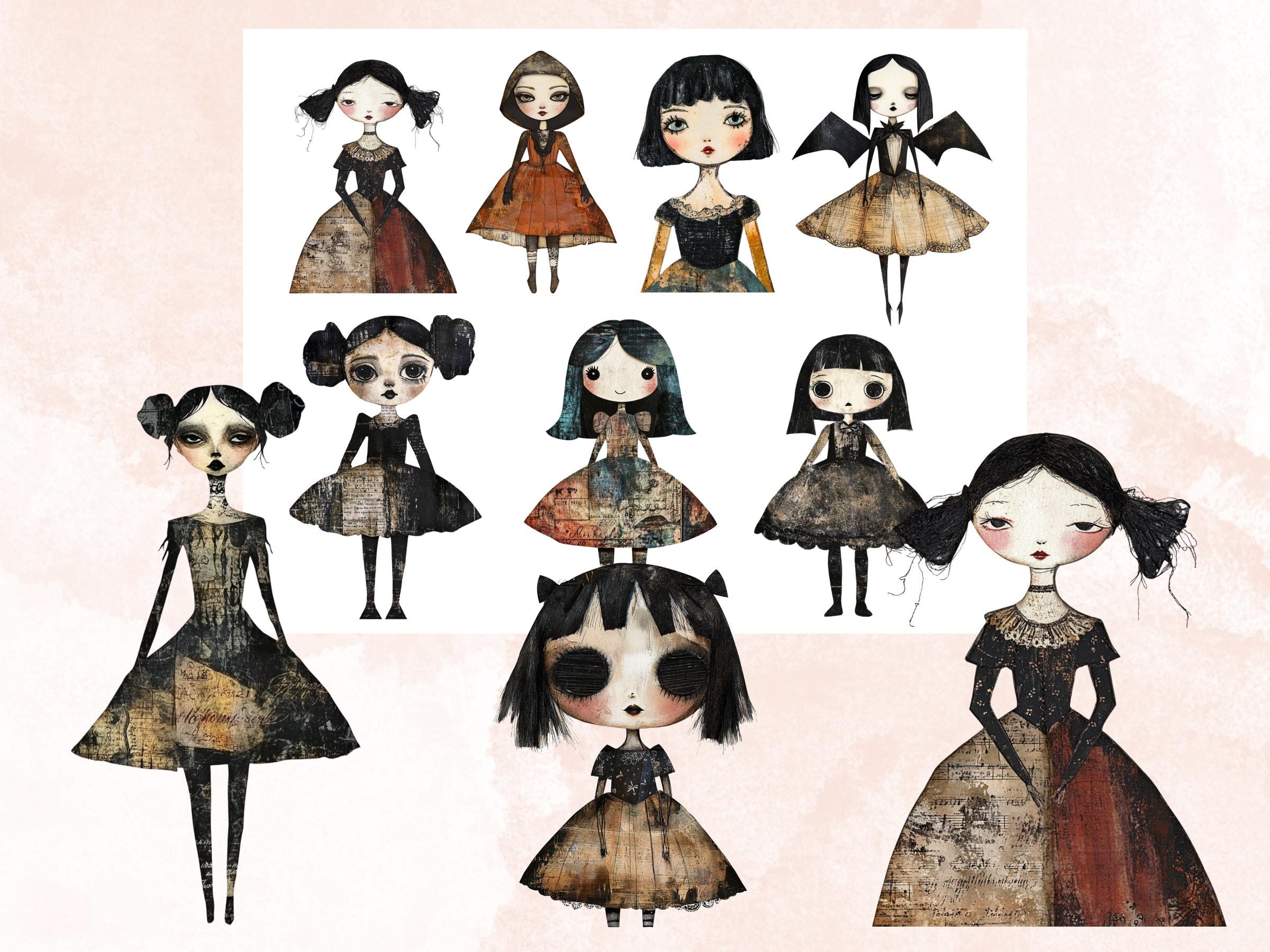Whimsical Gothic Doll Mixed Media Clipart, Creepy Girl Fussy Cut Collage Sheet, Quirky Cut Out Ephemera, Grunge Texture for Scrapbooking