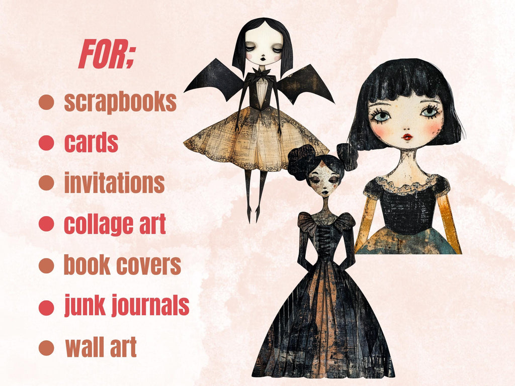 Whimsical Gothic Doll Mixed Media Clipart, Creepy Girl Fussy Cut Collage Sheet, Quirky Cut Out Ephemera, Grunge Texture for Scrapbooking