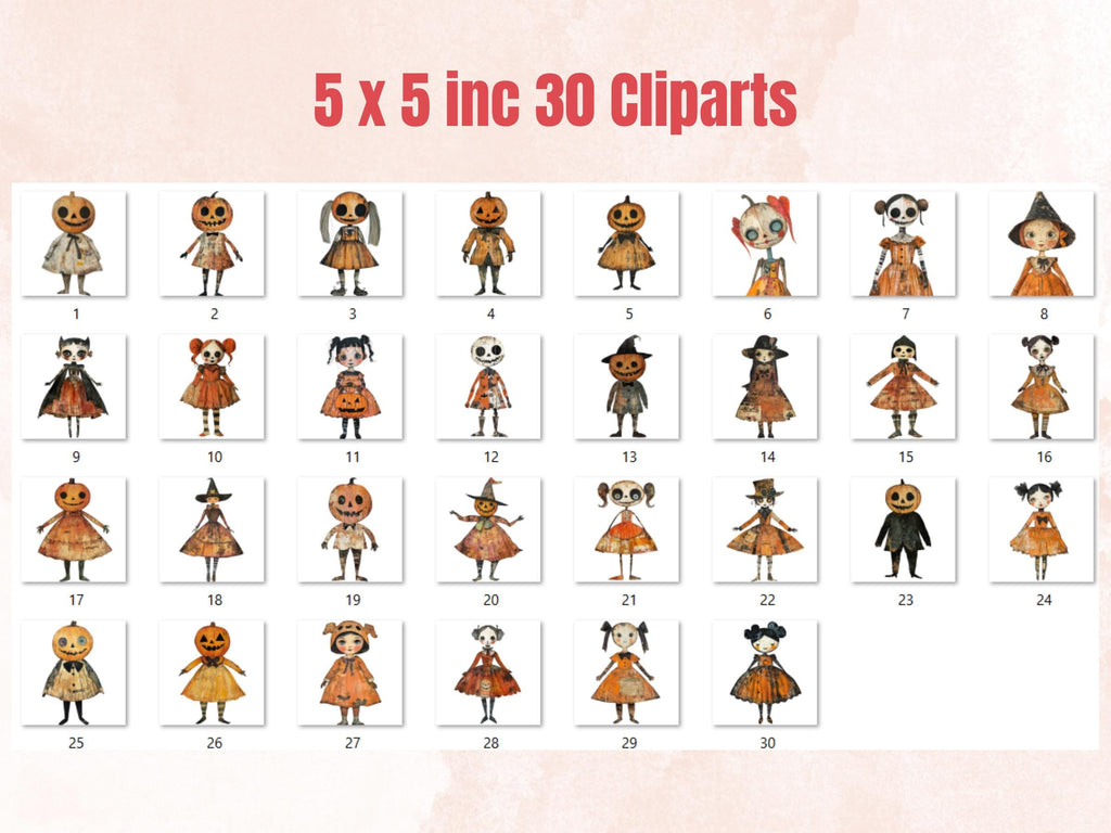 Halloween Doll Mixed Media Clipart, Whimsy Halloween Fussy Cut Collage Sheet, Quirky Cut Out Ephemera, PNG + JPG for Scrapbooking, Journal