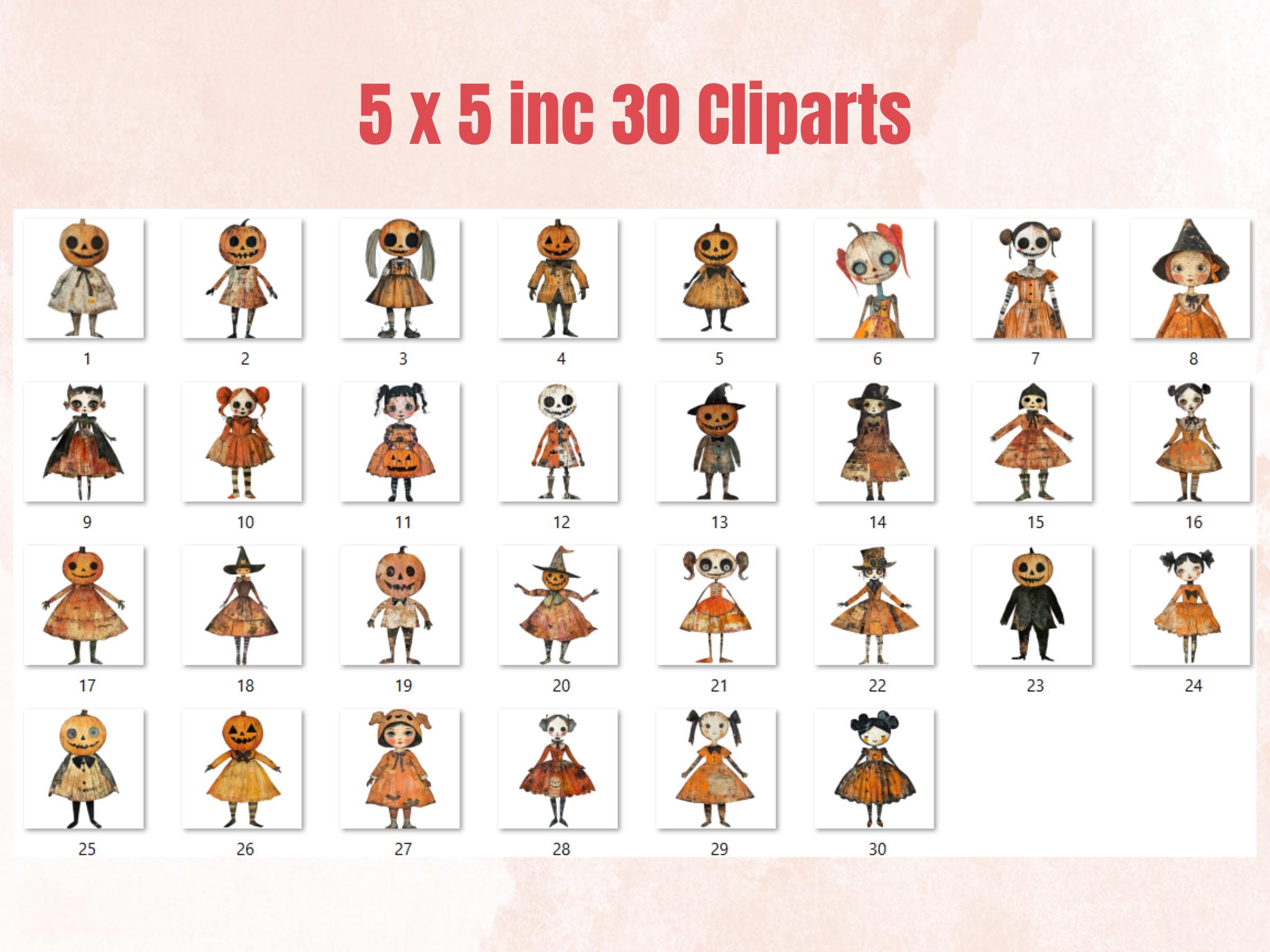 Halloween Doll Mixed Media Clipart, Whimsy Halloween Fussy Cut Collage Sheet, Quirky Cut Out Ephemera, PNG + JPG for Scrapbooking, Journal